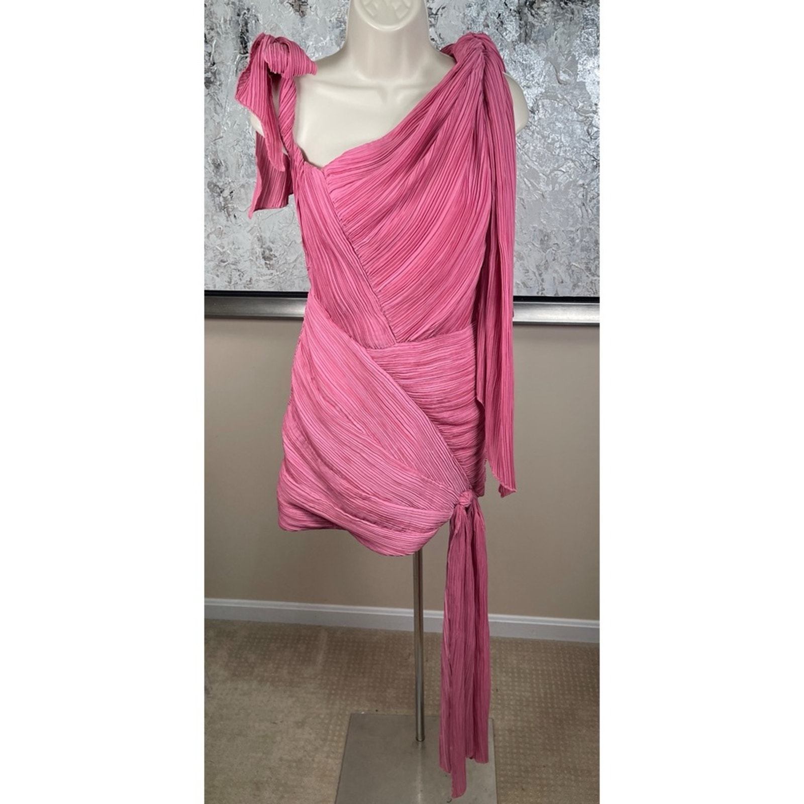 Cult Gaia Wonder Pleated Off The Shoulder Ruched Draped Pink Mini Dress Sz 2 — image 5 of 8